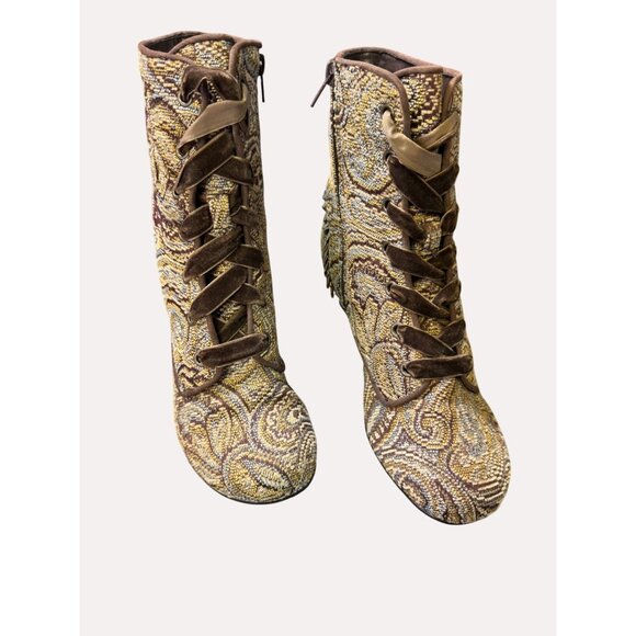 Mudd Aniston Womens Size 8M Brown Tapestry Lace-Up Ankle Boots - Picture 2 of 16